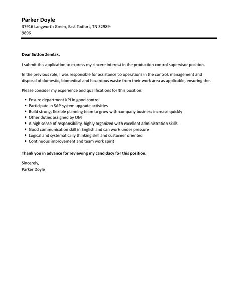 Production Control Supervisor Cover Letter Velvet Jobs