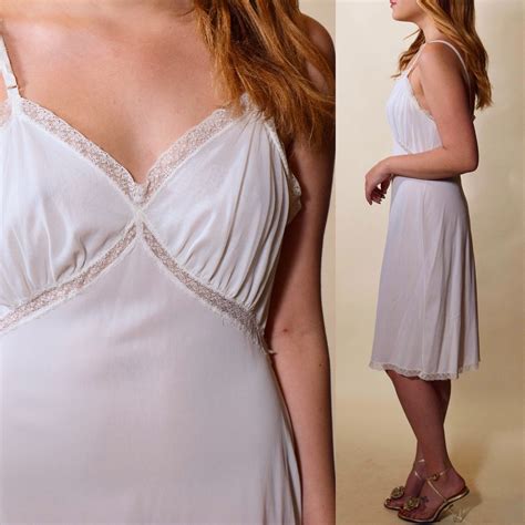 1960s Vintage Off White Midi Length Nylon Lace Trim Slip Dress Women S