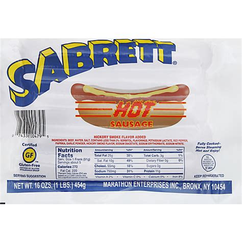 Sabrett Skinless All Beef Hot Sausage 16 Oz Packaged Meat Cold Cuts