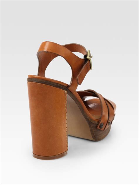 Chloé Leather Wooden Sole Platform Sandals In Tan Brown Lyst