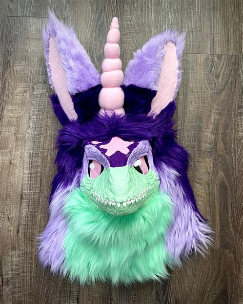 Dino Mask Fursuit Premade Purple And Mint Unicorn One Of A Kind Etsy