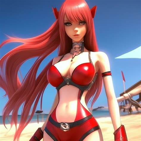 Ann Face Long Hair Anime Drawing Red Leather Mini Bikini Large