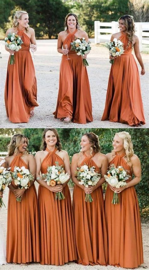 Dark Orange Halter Long Bridesmaid Dresses for Wedding from ...