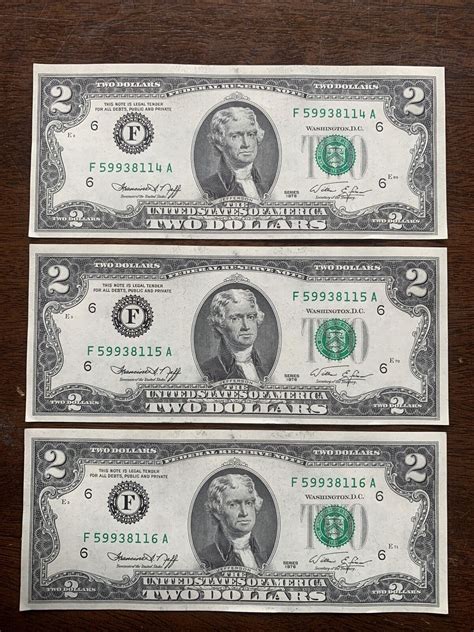 1976 Two Dollar ($2) Bill Uncirculated Consecutive Sequential = 3 Notes ...