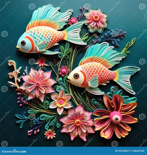 Beautiful Papercut Quilling Paper Filigree Fish Colorful Flower