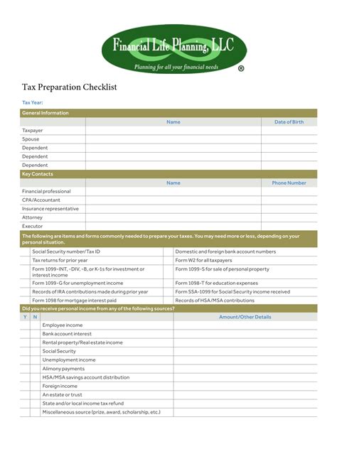 Client Tax Preparation Checklist Financial Life Planning Llc