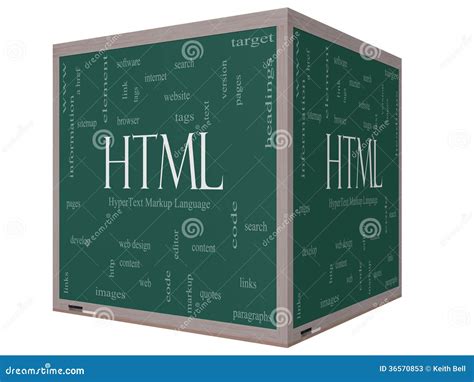 Html Word Cloud Concept On A 3d Cube Blackboard Stock Illustration