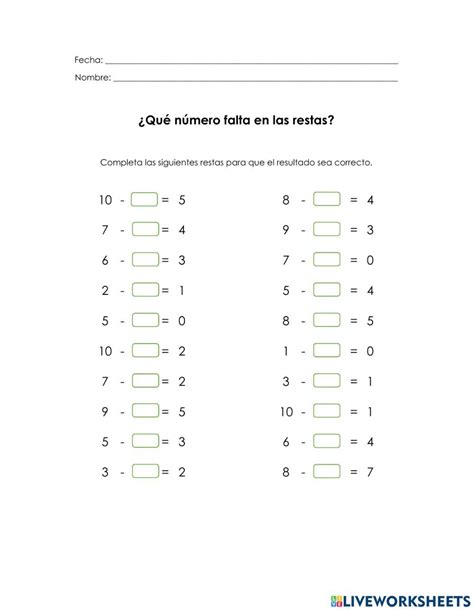Ejercicio de Qué número falta en las restas La resta Fichas Suma
