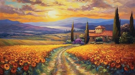 Premium AI Image | A painting of a farm with a sunset in the background.