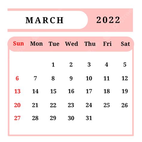 Monthly Calendar Png Transparent March 2022 Calendar Monthly With Pink