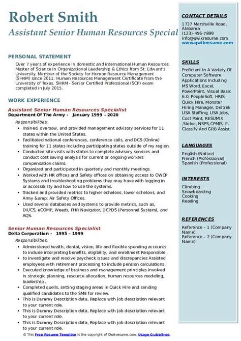 Senior Human Resources Specialist Resume Samples Qwikresume