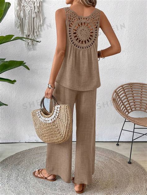 Shein Vcay Round Neck Solid Color Lace Spliced Sleeveless Top And