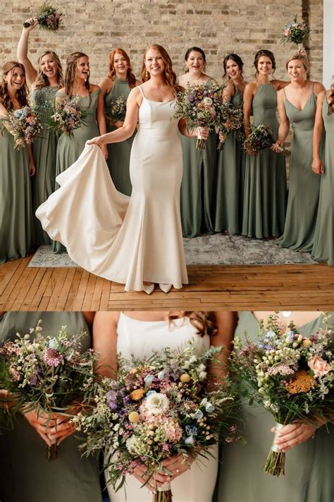 Sage Bridesmaid Dresses Wildflower Bouquets Spring Wedding Bride