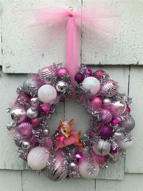 Pink Reindeer Wreath Pink Ornament Wreath Silver Tinsel | Etsy | Pink ...