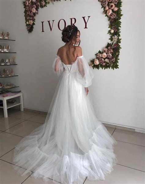 Off The Shoulder White Tulle Wedding Dress With Long Sleeves On Storenvy