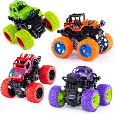 4 Pack Monster Truck Toys - Friction Powered Push and Go Toy Cars, Inertia Car Toy Set Stunt Toy ...