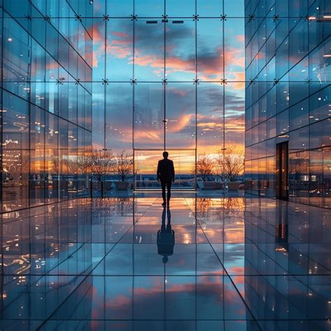 Edificio De Oficinas Moderno Con Cielo Azul Y Reflejo De Nubes Concepto