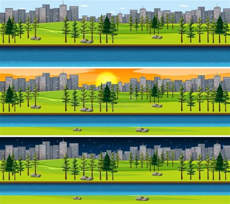 Nature Landscape Scene At Different Times Of Day Stock Vector