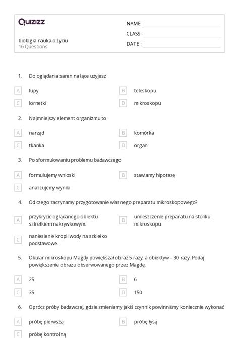 Ponad Nauki Biologiczne Arkuszy Roboczych Dla Klasa W Quizizz