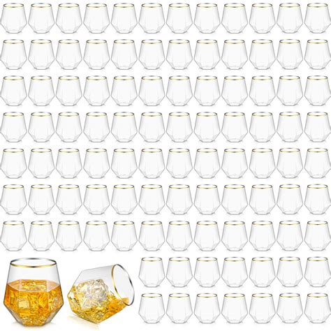 Bokon 100 Pack Gold Rim Plastic Diamond Wine Glass Set Clear Stemless