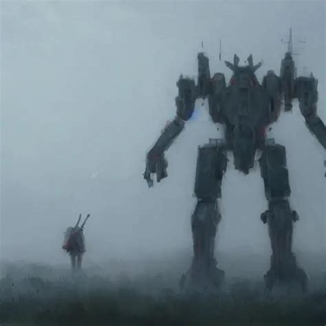 Gigantic Mecha Walking Dense Fog Jakob Rozalski Stable Diffusion