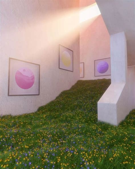 An Art Gallery With Paintings On The Wall And Grass In The Foreground