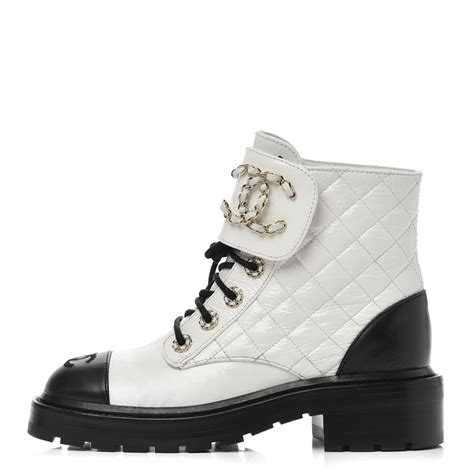 CHANEL Shiny Goatskin Calfskin Quilted Lace Up Combat Boots 36 White