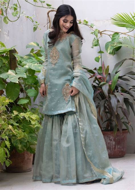 Amna Ismail Teal Blue Garara Shirt Ai Xs Beautiful