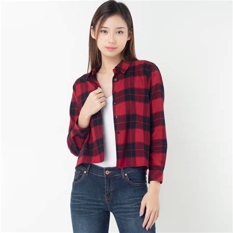 Jual Benhill Kemeja Crop Top Wanita Flannel Lengan Panjang Kotak Merah