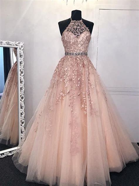 Pink Halter Neck Lace Prom Dresses Pink Halter Neck Long Lace Formal