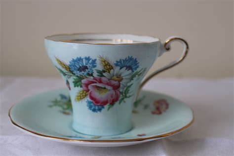 Aynsley Tea Cup And Saucer Bone China Robins Egg Blue Gold Gilt Bouquet