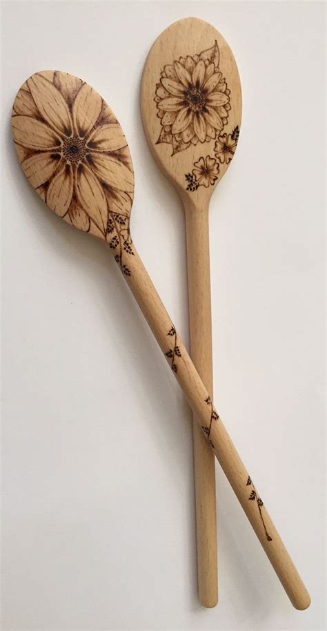 Beautiful Flower And Leaf Wood Burned Spoons For Spring Set Etsy