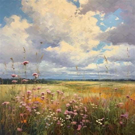 Pintura De Un Campo Con Flores Y Nubes En El Fondo Generativo Ai Foto