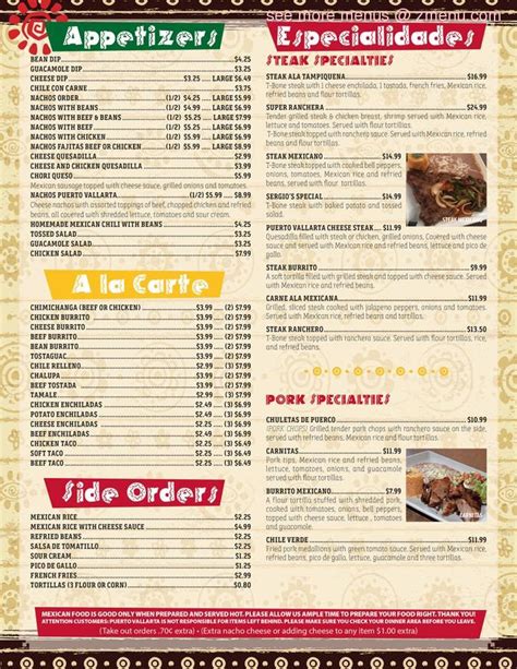 Menu at Puerto Vallarta restaurant, Greenwood, 893 E Main St