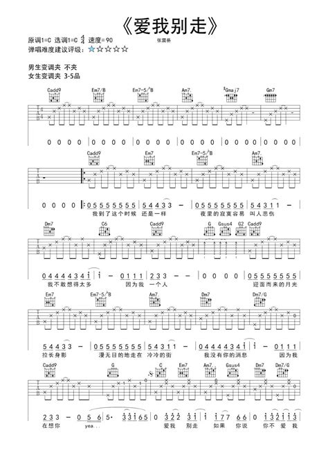 张震岳《爱我别走》吉他谱 吉他弹唱谱 孙学长吉他教室编配 酷玩吉他