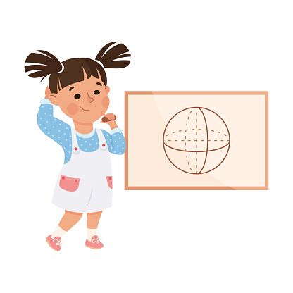 Cute Preschool Girl Drawing At Lesson Cartoon Vector Illustration Stock ...