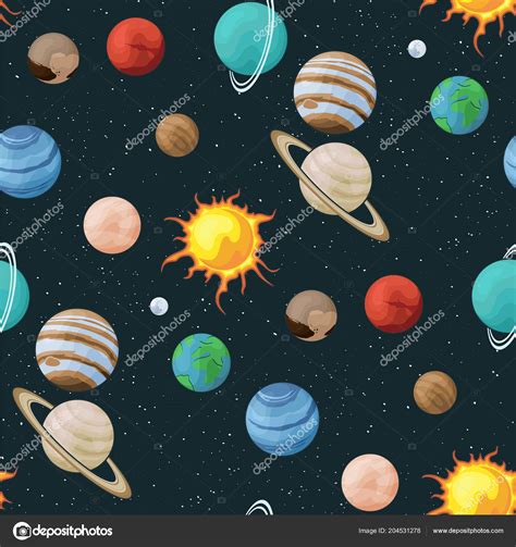 Solar System Vector Seamless Pattern Of Planets In Space Universe