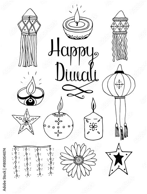 Set Of Line Art Vector Hand Drawn Diwali Doodle Objects Stock Vector