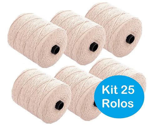 Kit 25 Rolo Barbante Algodão 4 4 Cru 200g Pavio Maquina Vela