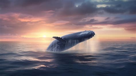 Premium Photo | A whale jumps out of the water in the sunset rays of ...