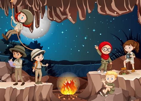 Scene With Group Of Scouts Exploring The Cave Free Vector