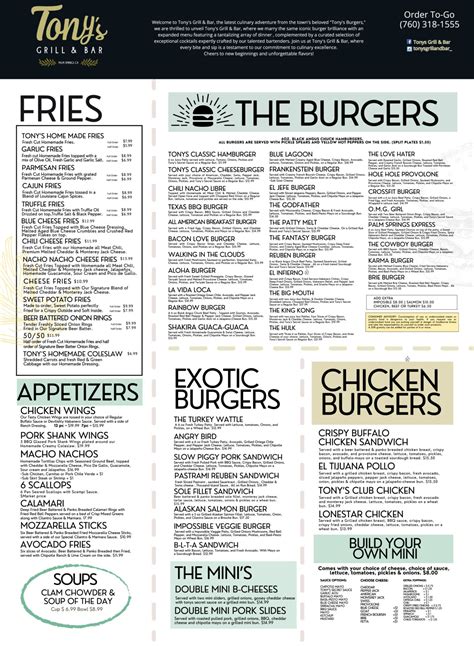 Menu | Tony's Grill & Bar