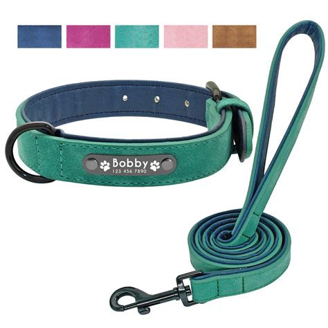 Personalized Dog Collar and Leash Leather Padded Customized Engraved ...