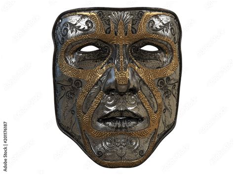 Iron Mask With Ornament And Gold Bevels On An Isolated White Background