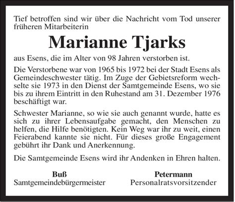 Traueranzeigen Von Marianne Tjarks Nordwest Trauer De