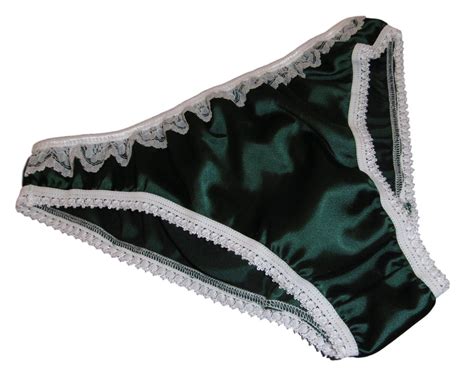 Dark Green Shiny Satin Panties Low Rise Bikini Briefs Ivory Lace Made