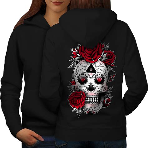 Sugar Skull Head Sweatshirt Hoody Roses Face Women Hoodie Back