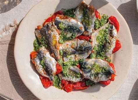 Sardines With Roasted Cherry Tomatoes And Fennel Pesto