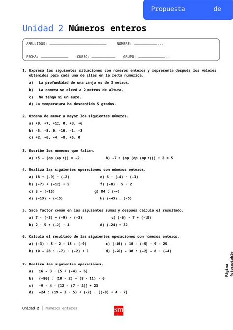 Doc Propuesta De Examen Libro Sm Tema 2 Números Enteros Dokumen Tips