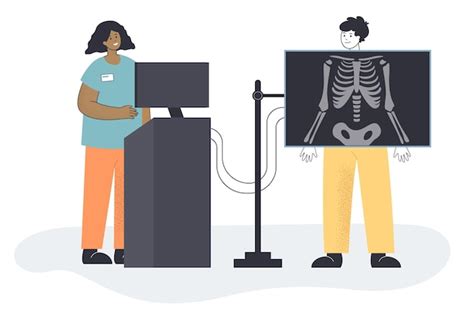 환자를 위해 엑스레이를 찍고 진단을 내리는 만화 의료인 클리닉 또는 병원 평면 벡터 일러스트 레이 션에서 뼈 검사 방사선과